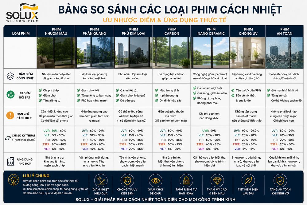 Bảng so sánh các loại phim cách nhiệt phổ biến