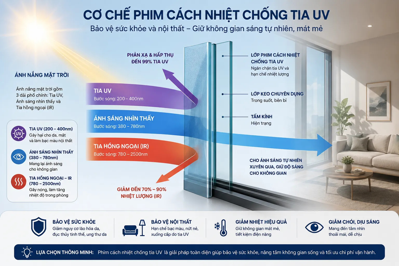 Cơ chế phim cách nhiệt chống tia UV trên bề mặt kính