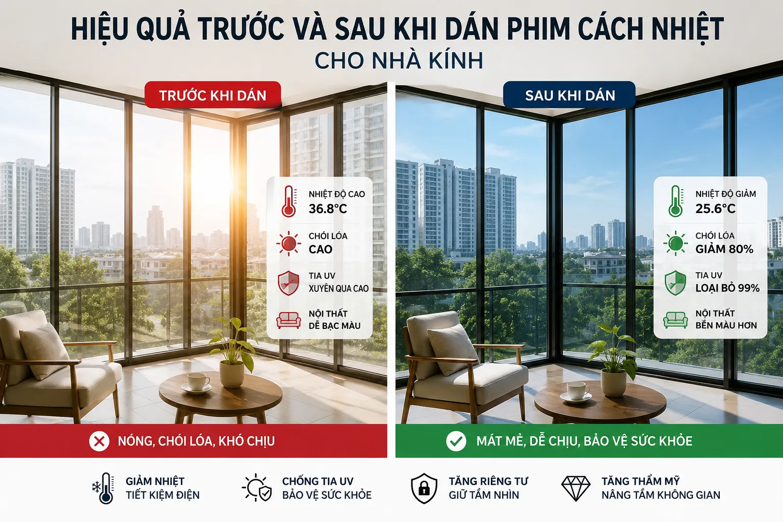Nên Dùng Rèm, Kính Màu Hay Phim Cách Nhiệt Cho Nhà Kính? 45 Hiệu quả trước và sau khi dán phim cách nhiệt cho nhà kính