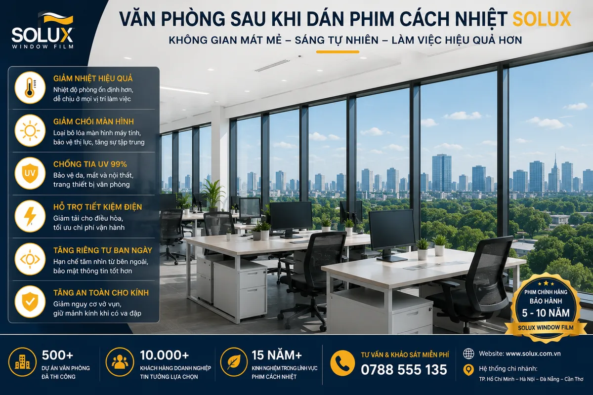 Dán Phim Cách Nhiệt Văn Phòng: Giải Pháp Giảm Nóng, Chống Chói Và Tiết Kiệm Điện 3 Rất nhiêu lợi ích đi kèm khi sử dụng dịch vụ dán phim cách nhiệt của Solux