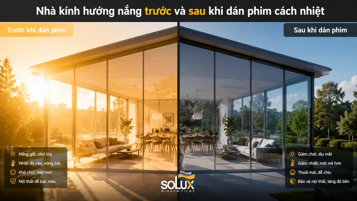 Dán phim cách nhiệt nhà kính có thật sự giảm nóng không? Cơ chế và hiệu quả thực tế 3 Nhà kính hướng nắng trước và sau khi dán phim cách nhiệt