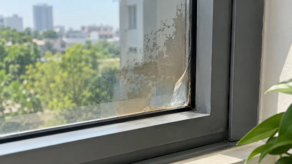 Tuổi Thọ Phim Cách Nhiệt Nhà Kính Bao Lâu? Khi Nào Cần Thay? 4 Cận cảnh phim cách nhiệt cũ bị loang màu và tách lớp cần kiểm tra trước khi thay