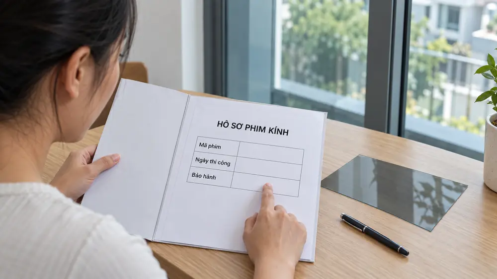 Tuổi Thọ Phim Cách Nhiệt Nhà Kính Bao Lâu? Khi Nào Cần Thay? 2 Chủ nhà đối chiếu mã phim và ngày thi công trên hồ sơ bảo hành phim cách nhiệt