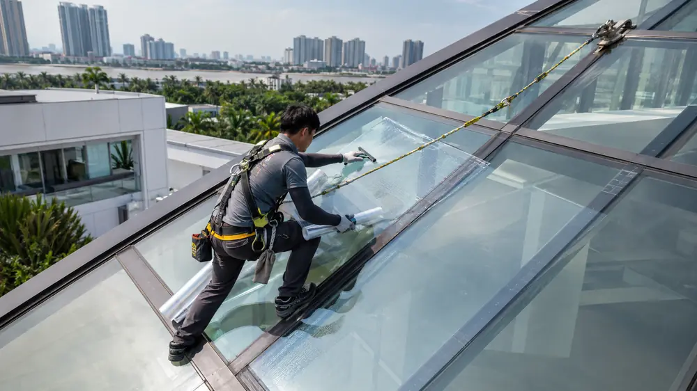 Phim Cách Nhiệt Dán Mặt Trong Hay Mặt Ngoài Kính Tốt Hơn? 3 Thi công phim cách nhiệt ngoại thất trên mái kính khó tiếp cận từ bên trong