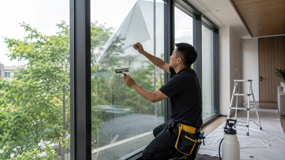Phim Cách Nhiệt Dán Mặt Trong Hay Mặt Ngoài Kính Tốt Hơn? 2 Kỹ thuật viên dán phim cách nhiệt ở mặt trong cửa kính