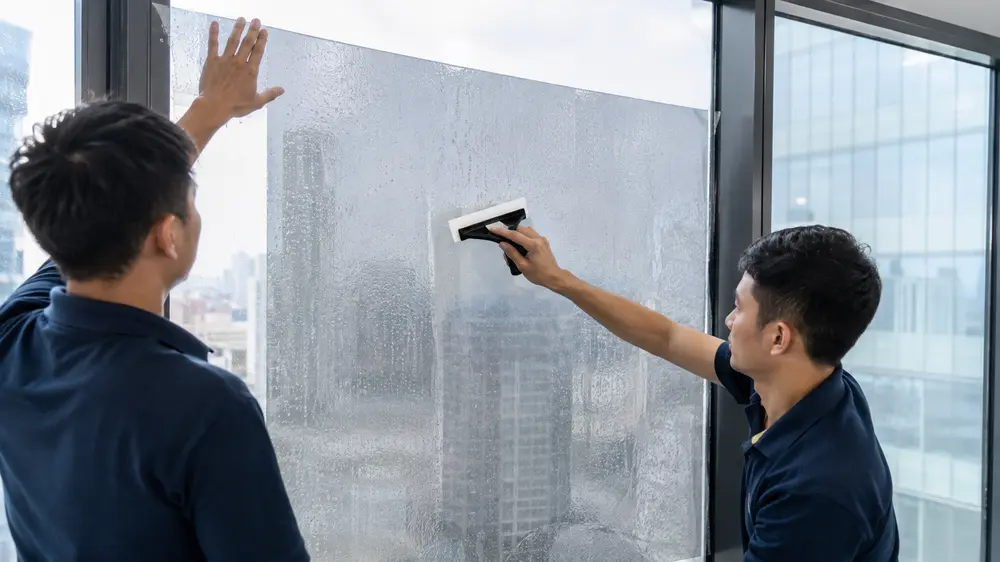Kỹ thuật viên dán ướt và gạt dung dịch khỏi phim cách nhiệt nhà kính