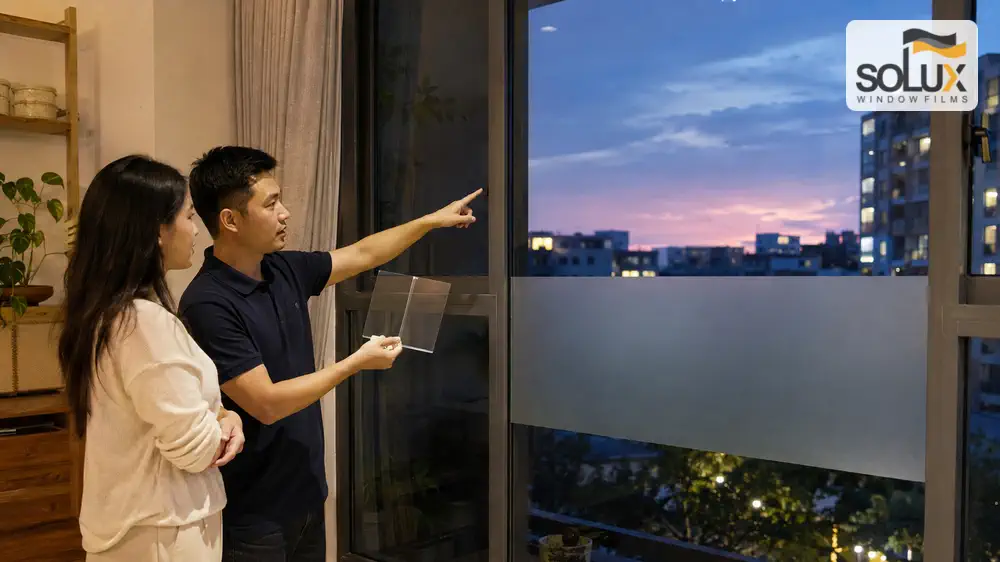 Phim Cách Nhiệt Một Chiều Hoạt Động Thế Nào Ban Ngày Và Ban Đêm? 5 Kết hợp rèm hoặc phim mờ để tăng riêng tư cho cửa kính ban đêm