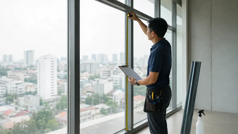 Kỹ thuật viên khảo sát loại kính và đo từng ô trước khi thi công