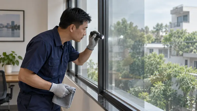 Cách Bóc Phim Cách Nhiệt Cũ, Làm Sạch Keo Và Chuẩn Bị Dán Lại 5 Kiểm tra độ sạch và tình trạng bề mặt cửa kính trước khi dán phim cách nhiệt mới