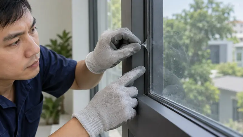 Cách Bóc Phim Cách Nhiệt Cũ, Làm Sạch Keo Và Chuẩn Bị Dán Lại 2 Kiểm tra mép phim cũ, bề mặt kính và khung cửa trước khi tháo phim cách nhiệt