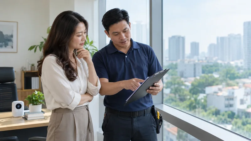 Chủ công trình cùng kỹ thuật viên ghi nhận kết quả kiểm tra phim cách nhiệt sau thi công