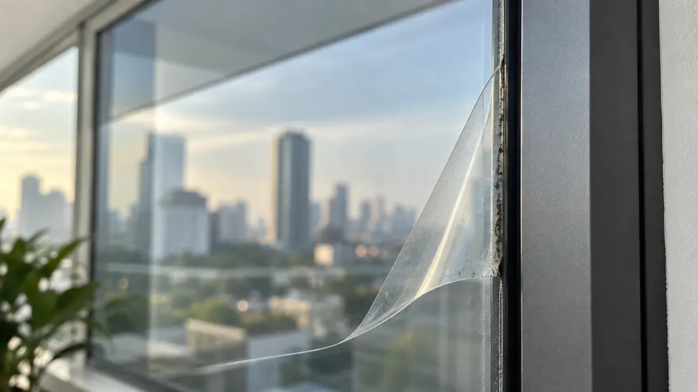 Phim Cách Nhiệt Bị Bọt Khí, Bong Mép: Có Bình Thường? 3 Mép phim cách nhiệt bị bong và cuộn khỏi bề mặt kính