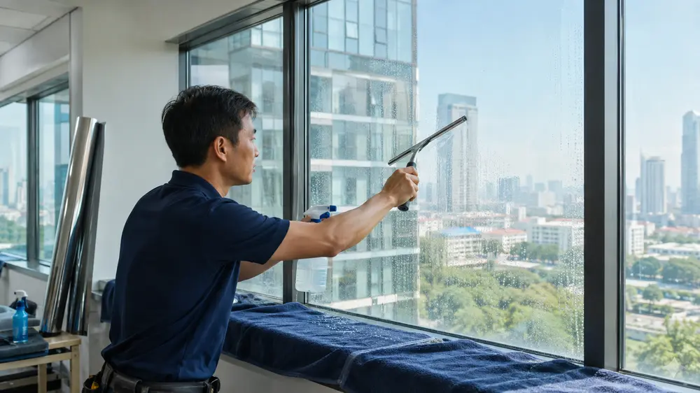 Làm sạch bề mặt kính và che chắn khu vực trước khi dán phim cách nhiệt